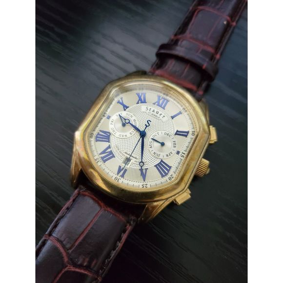 🔥EXCELLENT Men’s Stauer Meisterzeit 18175 Automatic Leather Beige Dial Watch - Picture 1 of 4
